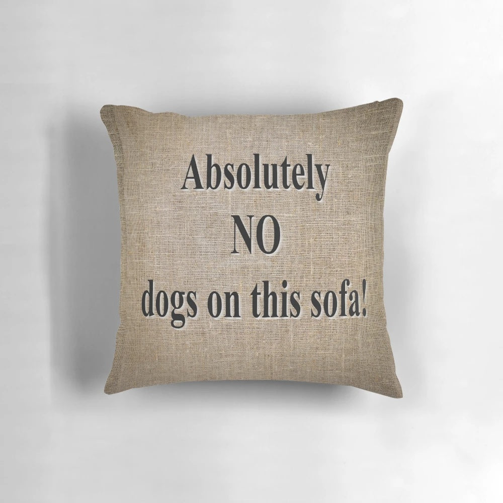 Vintage-inspired 'No Dogs on Sofa' throw pillow with retro text and natural textiles