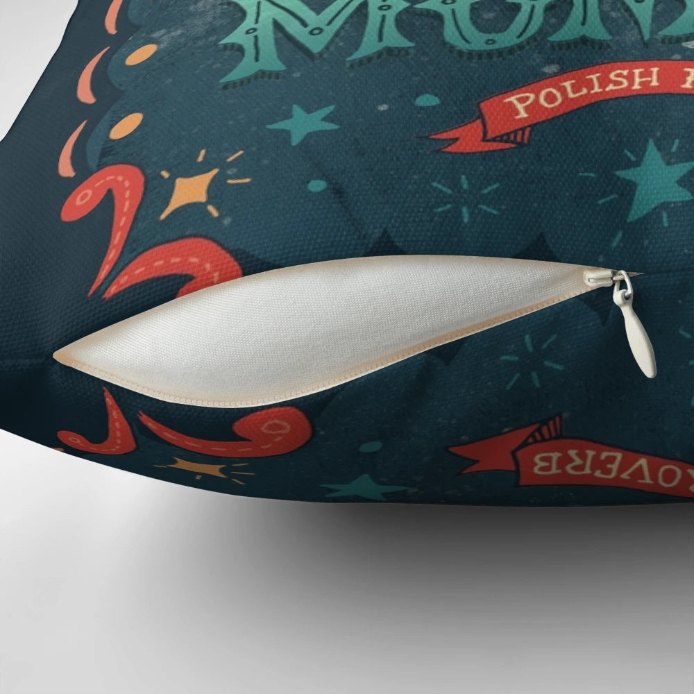 Vintage-inspired "Not My Circus, Not My Monkeys" handdrawn typography pillow in blue and white