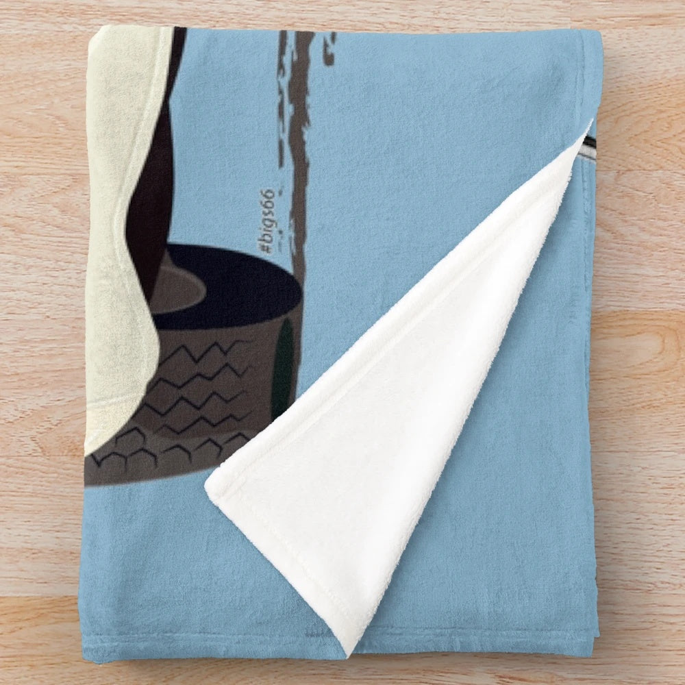 Vintage-inspired Old English White plush blanket featuring a frog/bug eye design inspired by the classic Austin Healey Sprite