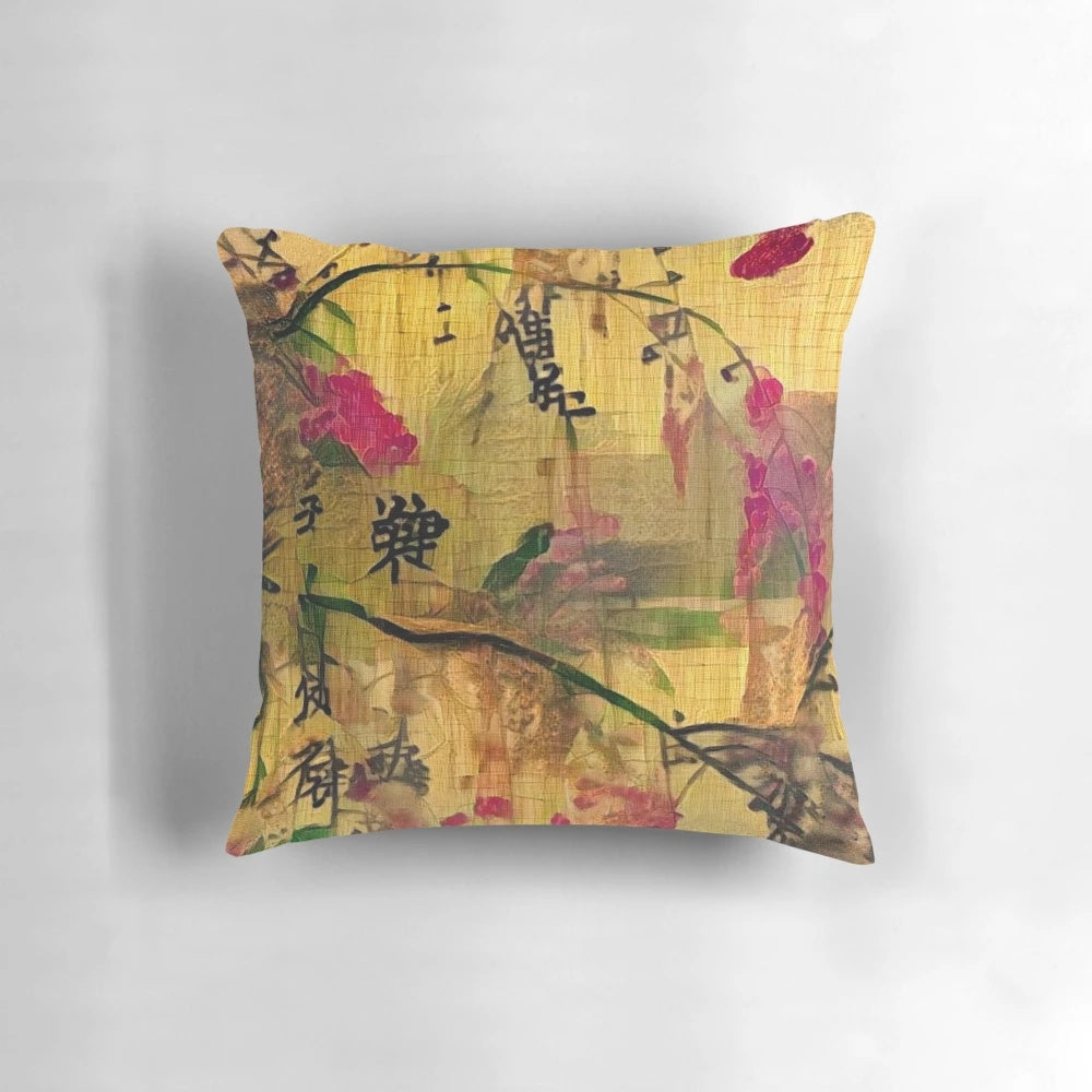 Vintage-inspired oriental painting design on a decorative pillow, featuring a floral and bamboo landscape with an abstract, grunge background.