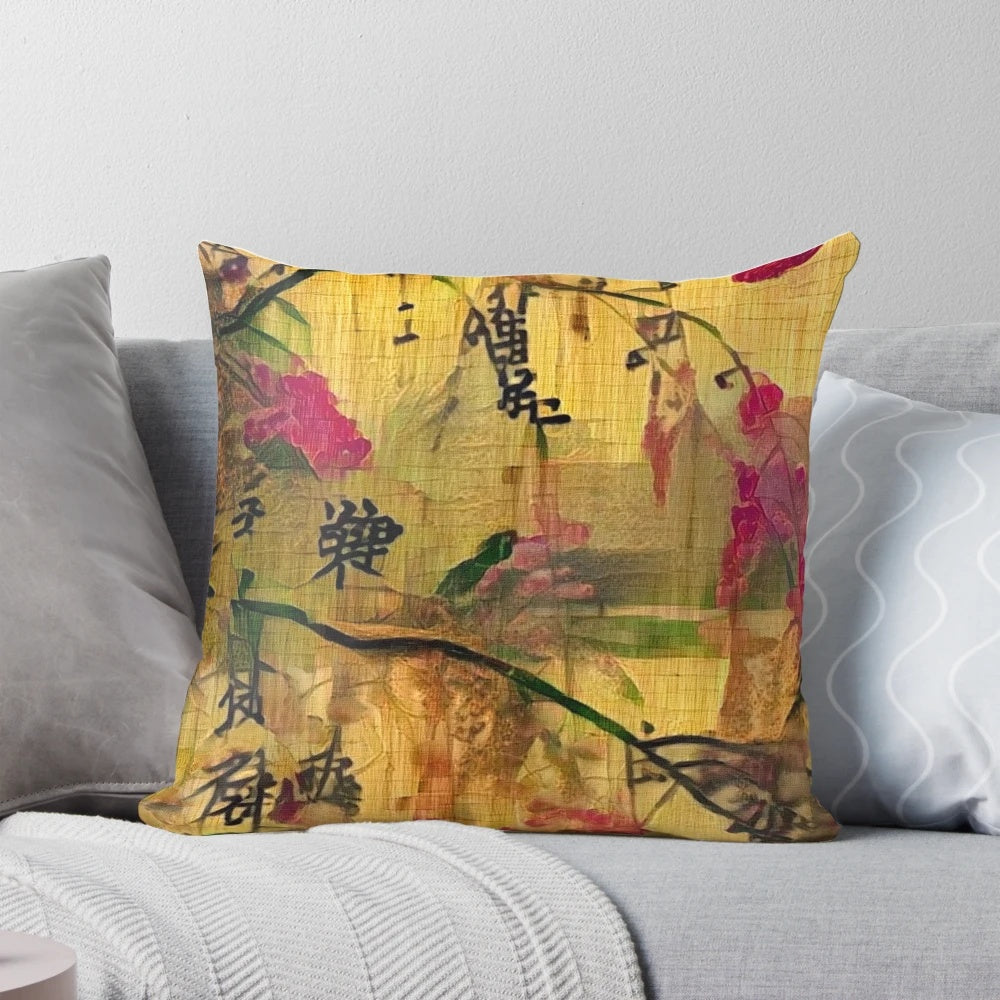 Vintage-inspired oriental painting design on a decorative pillow, featuring a floral and bamboo landscape with an abstract, grunge background.