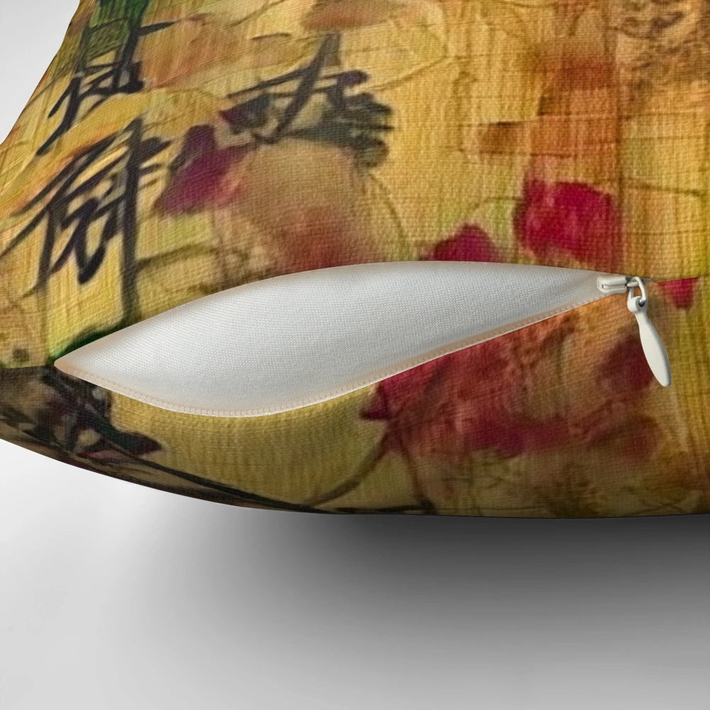 Vintage-inspired oriental painting design on a decorative pillow, featuring a floral and bamboo landscape with an abstract, grunge background.