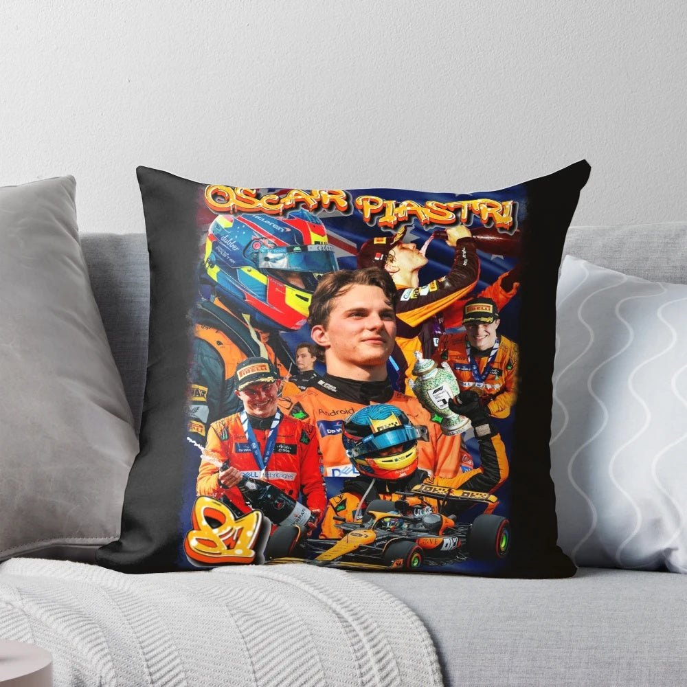 Oversized graphic pillow featuring a vintage-style design with the name and logo of Formula 1 driver Oscar Piastri and the McLaren F1 team.