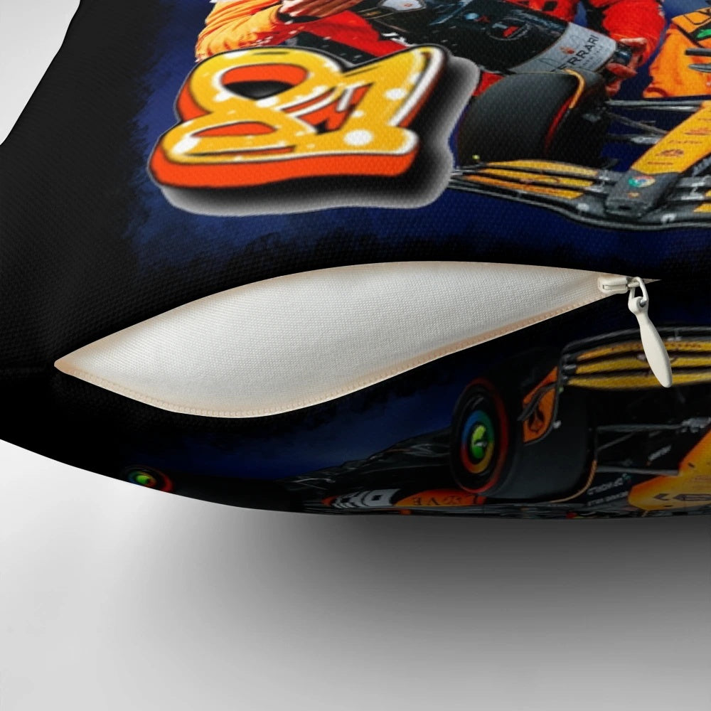 Oversized graphic pillow featuring a vintage-style design with the name and logo of Formula 1 driver Oscar Piastri and the McLaren F1 team.