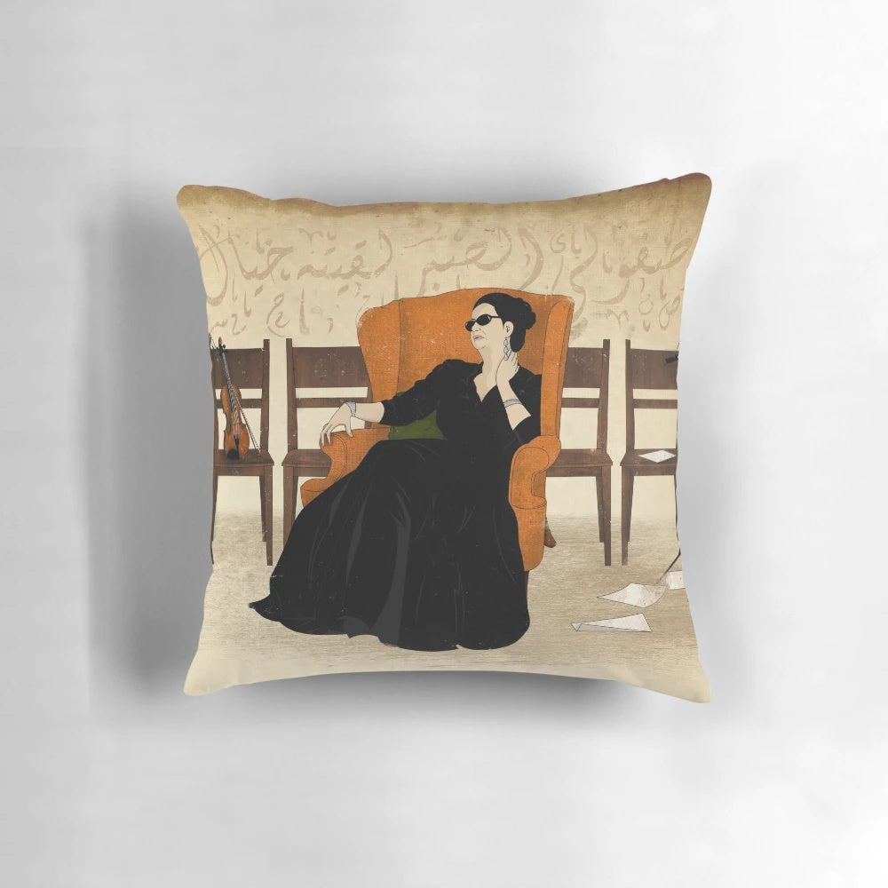 Vintage-style pillow cover featuring the iconic Egyptian singer Oum Kolthoum in a retro typography and calligraphy design.