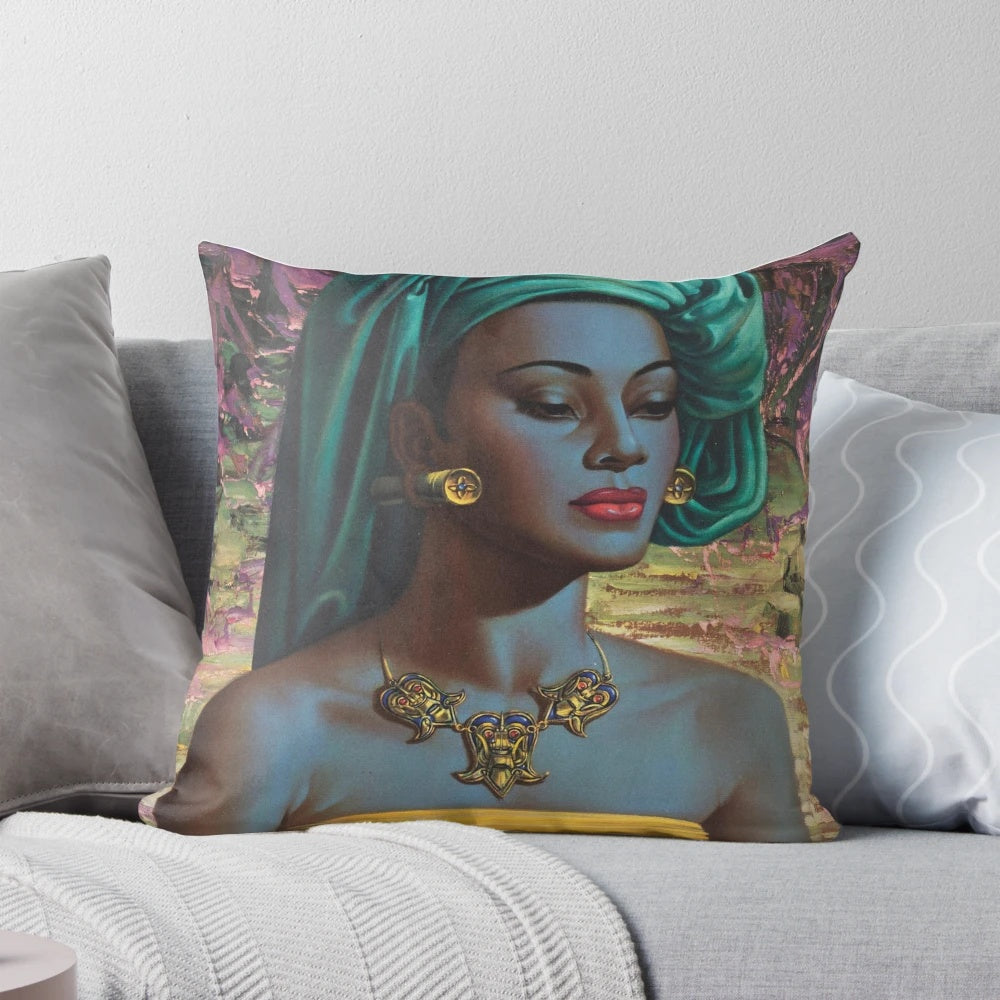Vintage-style painting pillow featuring an African fashion illustration