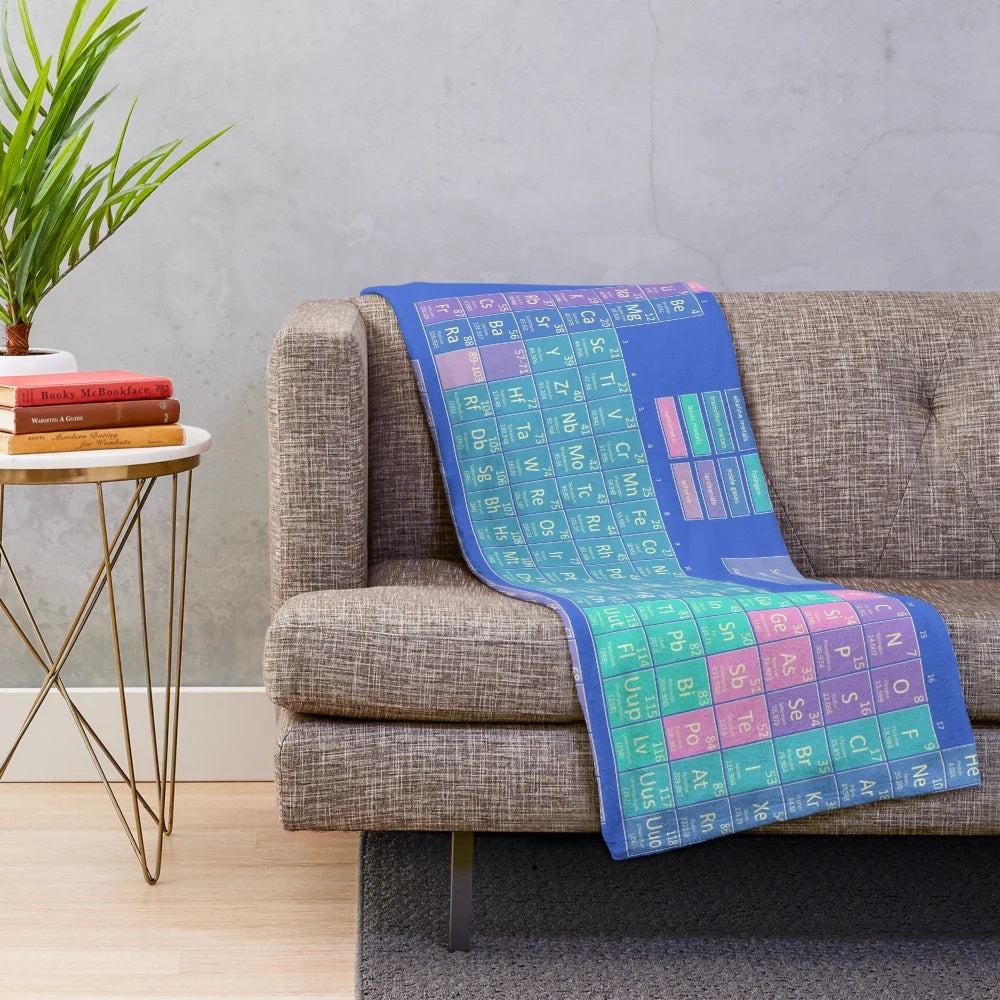 Colorful plush blanket with vintage-style periodic table of the elements design