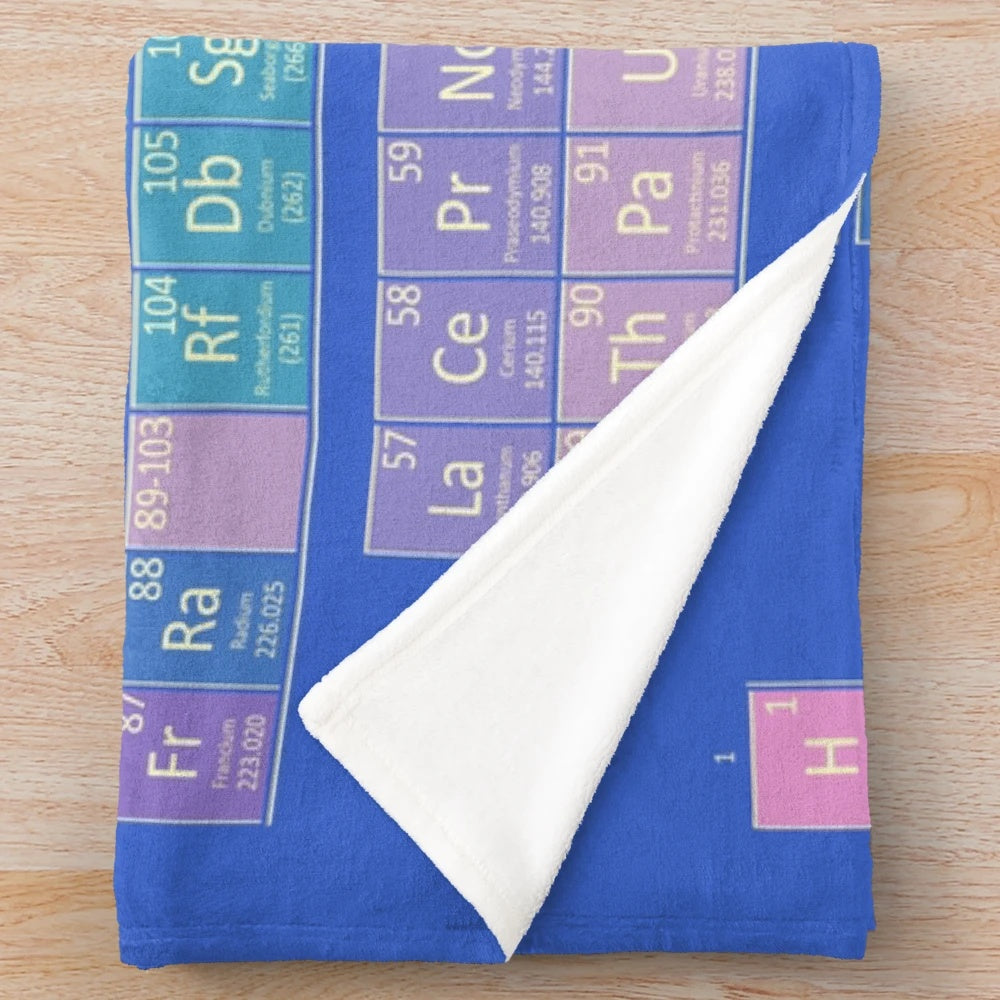Colorful plush blanket with vintage-style periodic table of the elements design