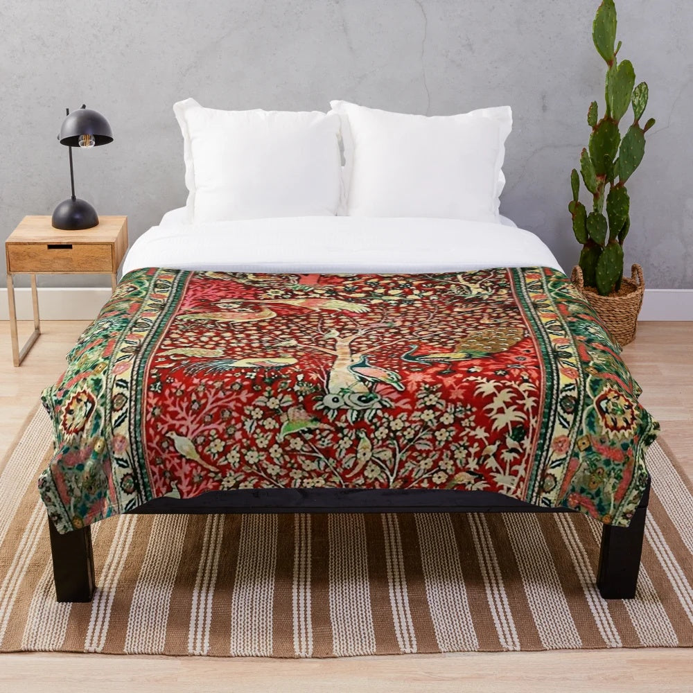 Antique Persian-style floral pattern plush blanket with bird, tree, and flower motifs
