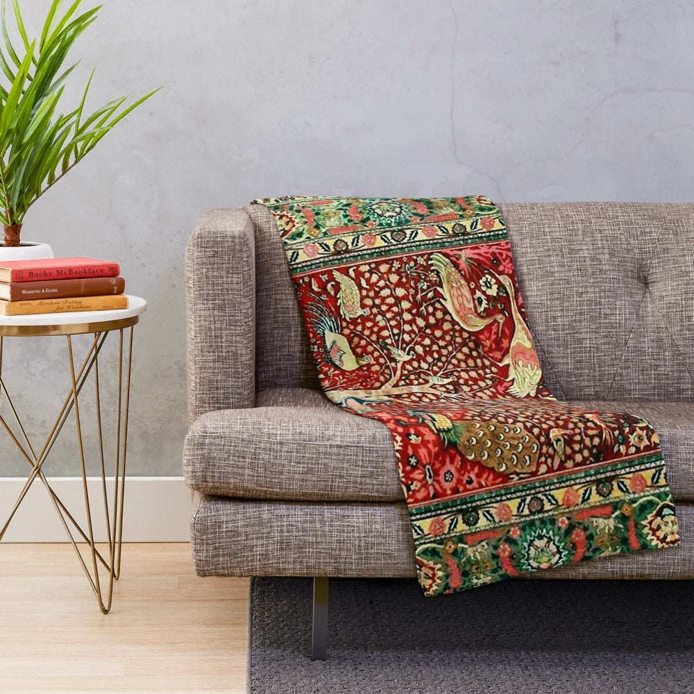 Antique Persian-style floral pattern plush blanket with bird, tree, and flower motifs