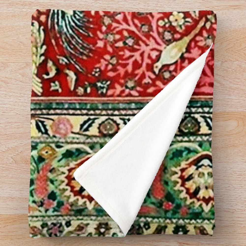 Antique Persian-style floral pattern plush blanket with bird, tree, and flower motifs