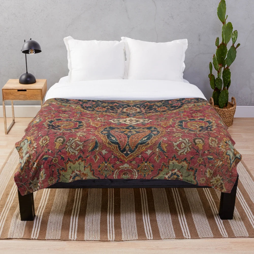 Colorful distressed plush blanket with 16th century inspired Persian medallion pattern