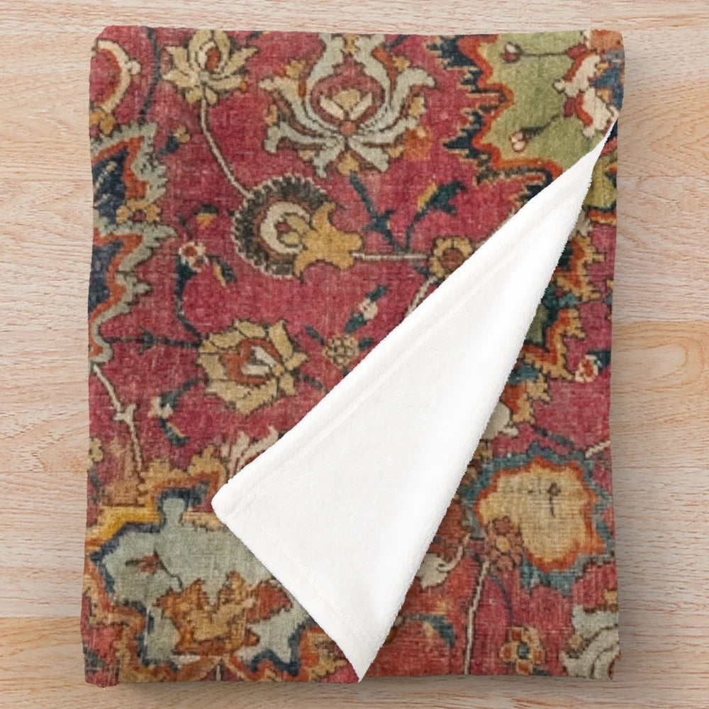 Colorful distressed plush blanket with 16th century inspired Persian medallion pattern