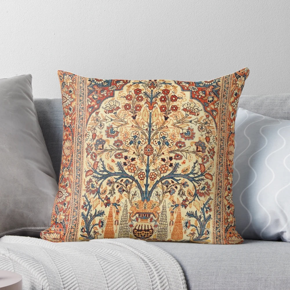Decorative pillow with intricate Tabriz tree of life floral pattern, inspired by vintage Persian rugs.