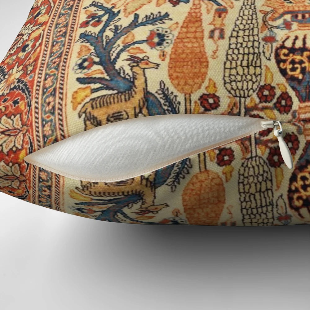 Decorative pillow with intricate Tabriz tree of life floral pattern, inspired by vintage Persian rugs.