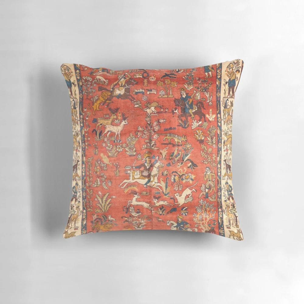 Decorative throw pillow featuring a vintage-inspired Persian rug print with floral and animal motifs