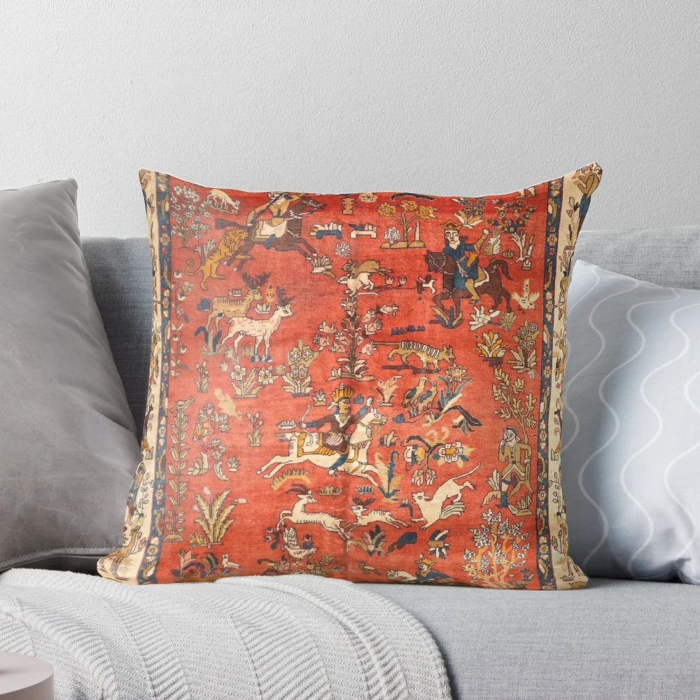 Decorative throw pillow featuring a vintage-inspired Persian rug print with floral and animal motifs