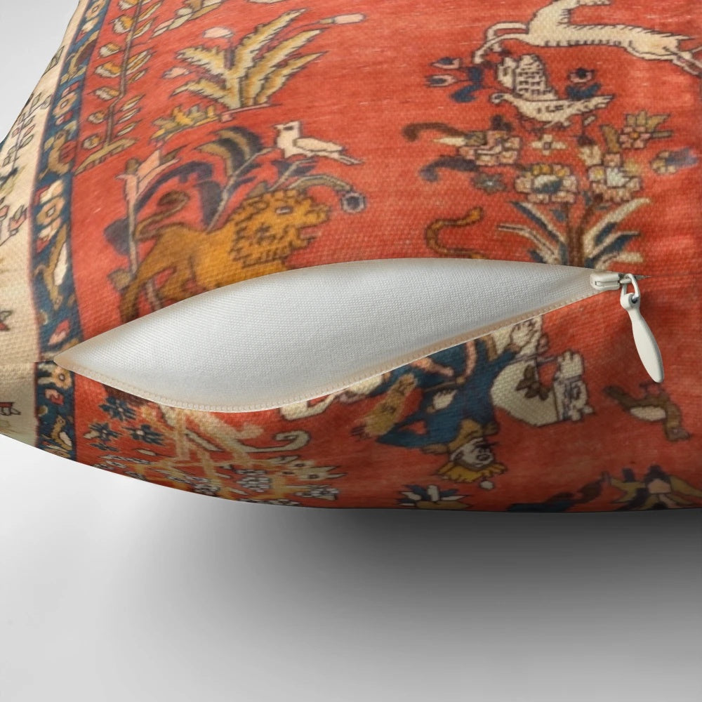 Decorative throw pillow featuring a vintage-inspired Persian rug print with floral and animal motifs