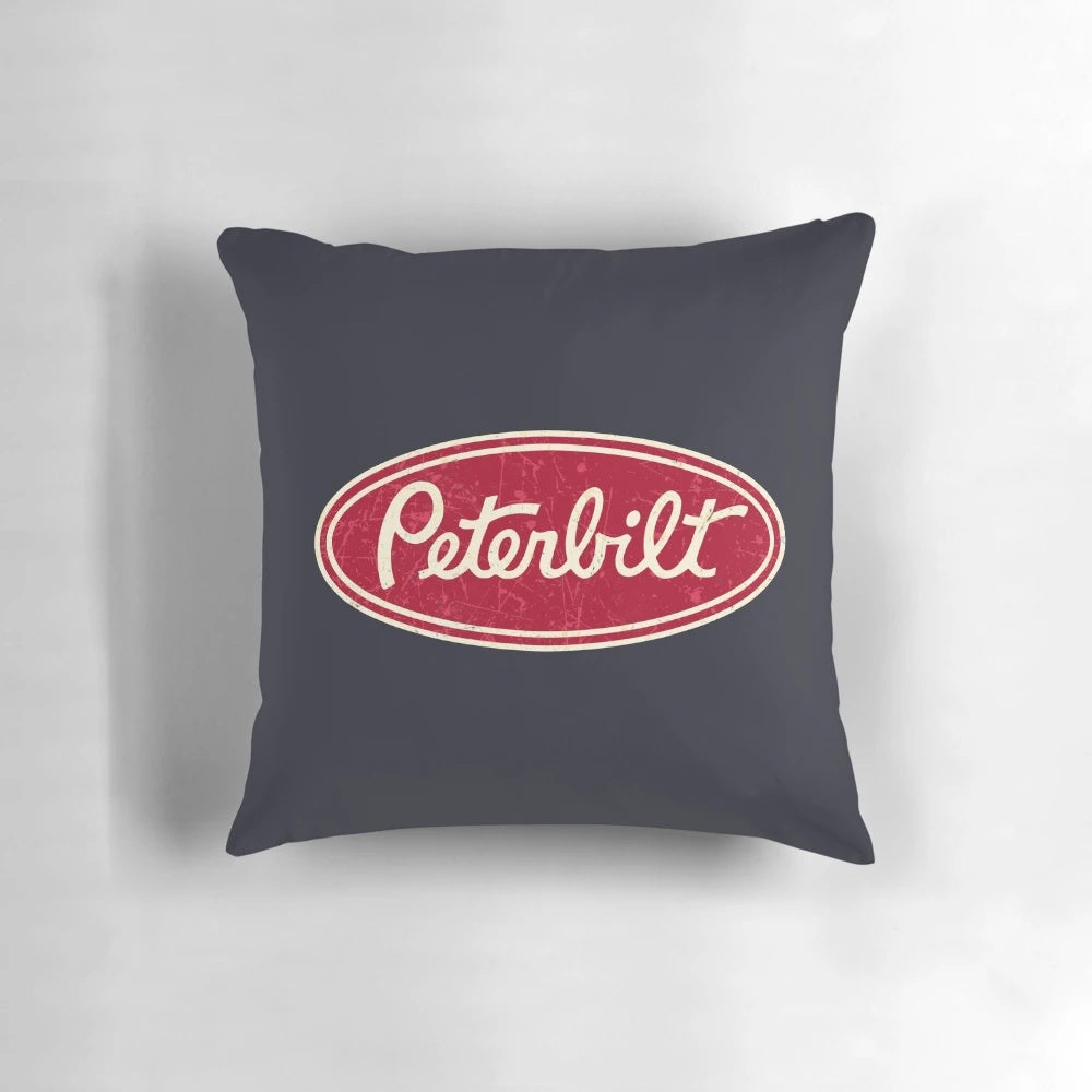 Vintage-inspired Peterbilt truck throw pillow with retro racing logo design