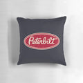 Vintage-inspired Peterbilt truck throw pillow with retro racing logo design