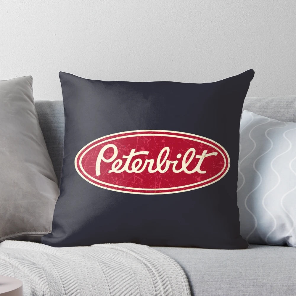Vintage-inspired Peterbilt truck throw pillow with retro racing logo design