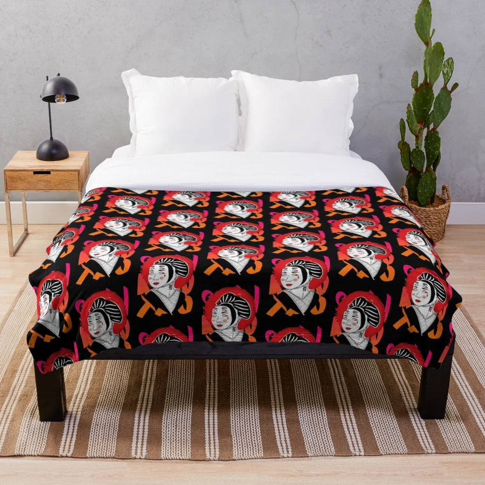 Vintage-inspired "Pin-Up Geisha" plush blanket with abstract, minimalist design