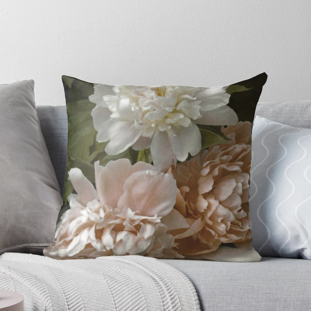 Vintage-style pink peony floral pillow for a feminine, cottage-inspired home