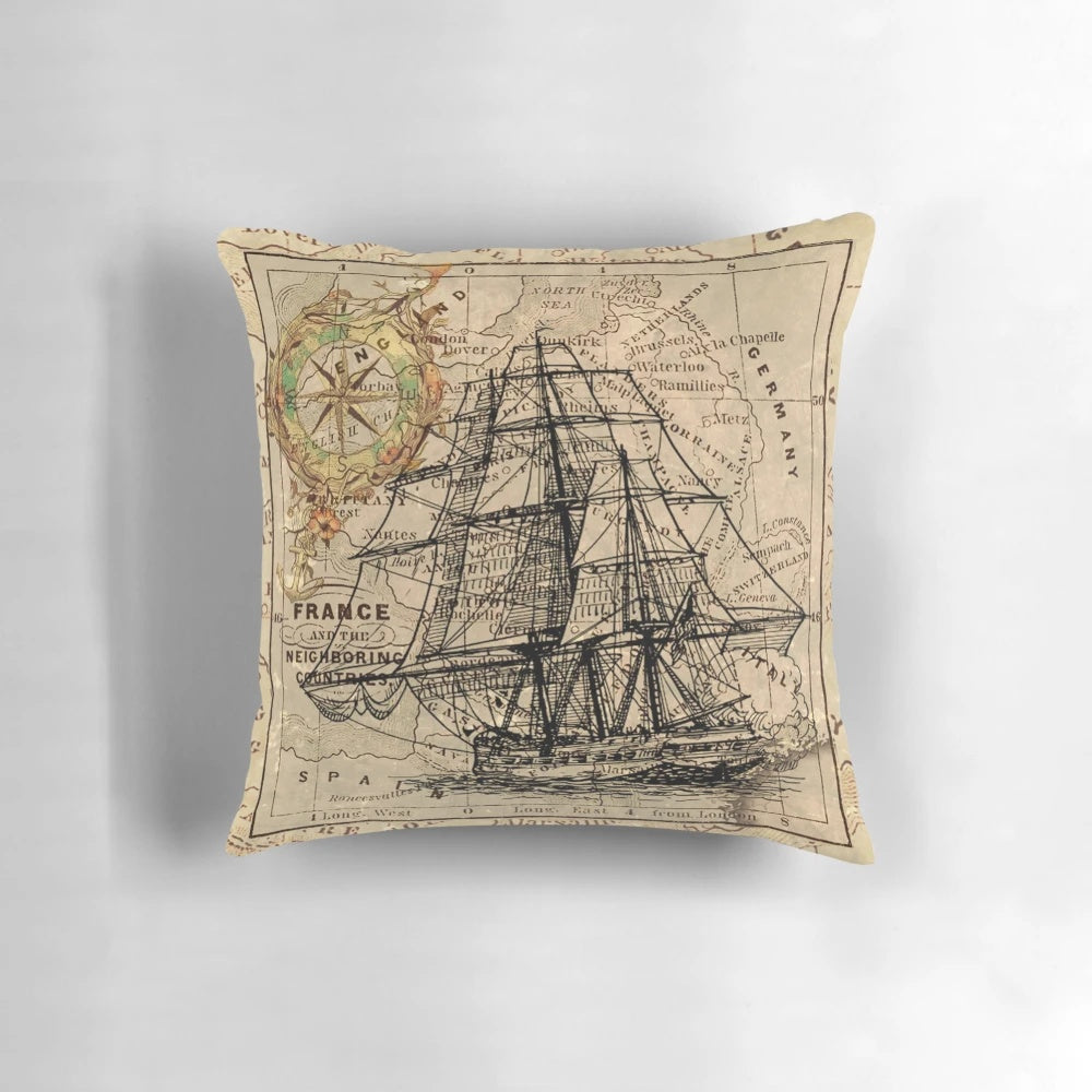 Antique-style pillow featuring a vintage world map and sailing ship design in a dark academia aesthetic.
