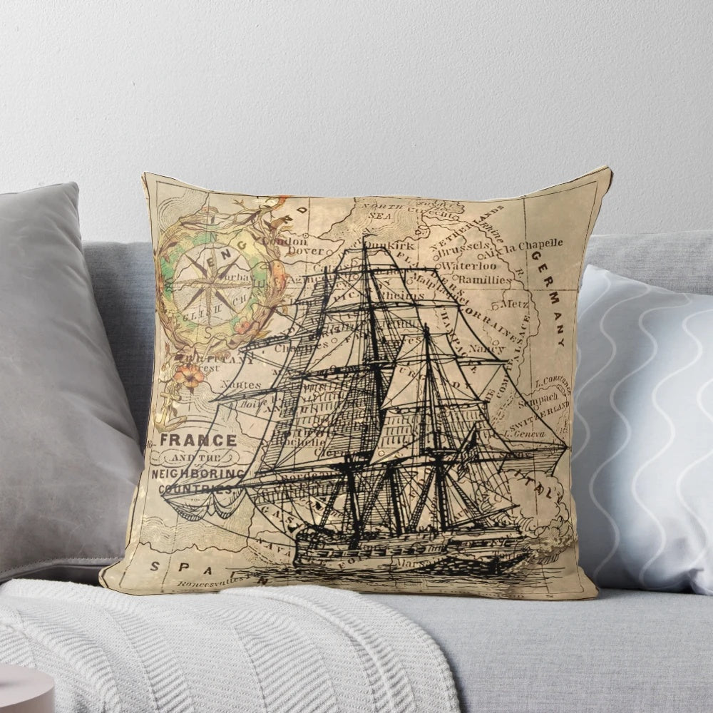 Antique-style pillow featuring a vintage world map and sailing ship design in a dark academia aesthetic.