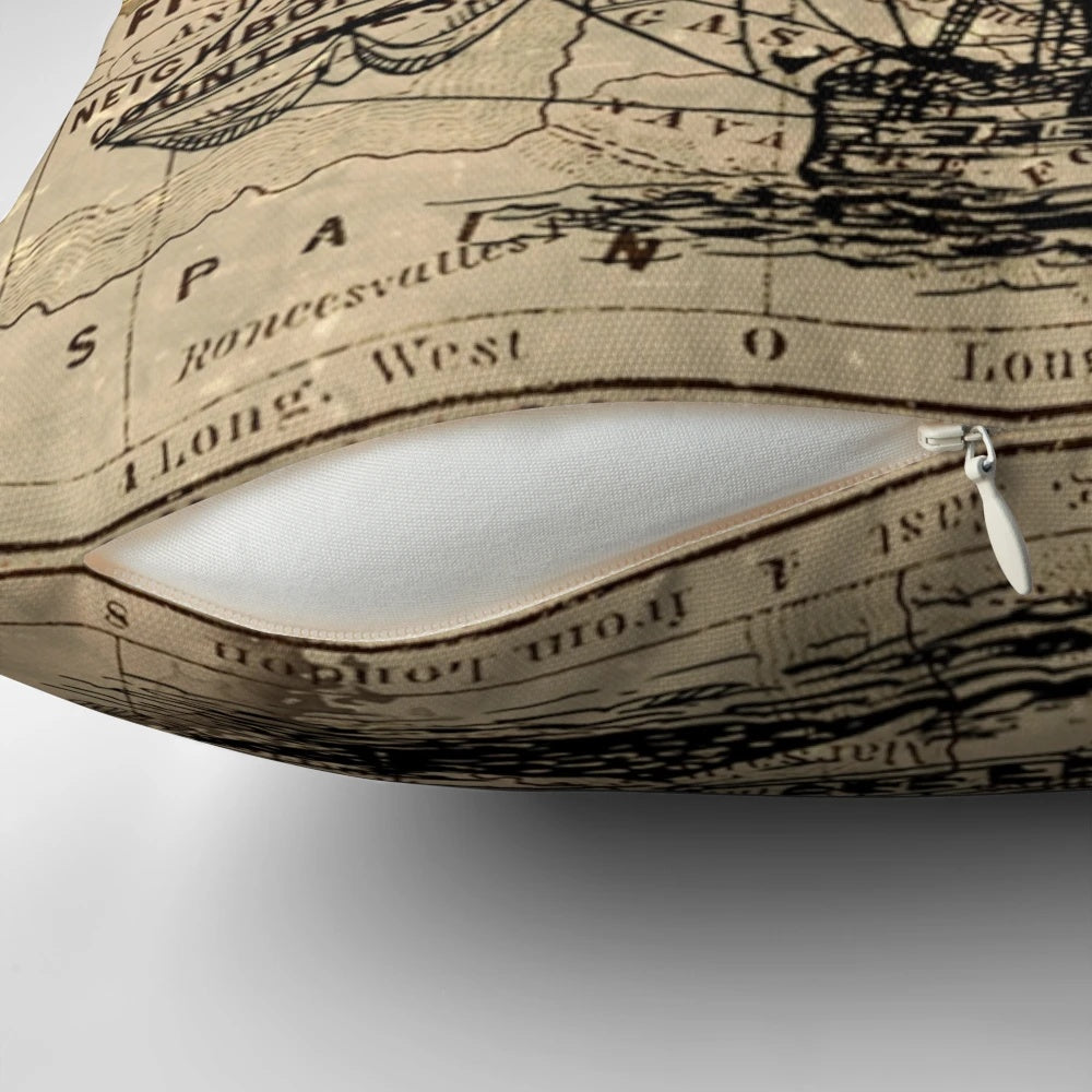 Antique-style pillow featuring a vintage world map and sailing ship design in a dark academia aesthetic.