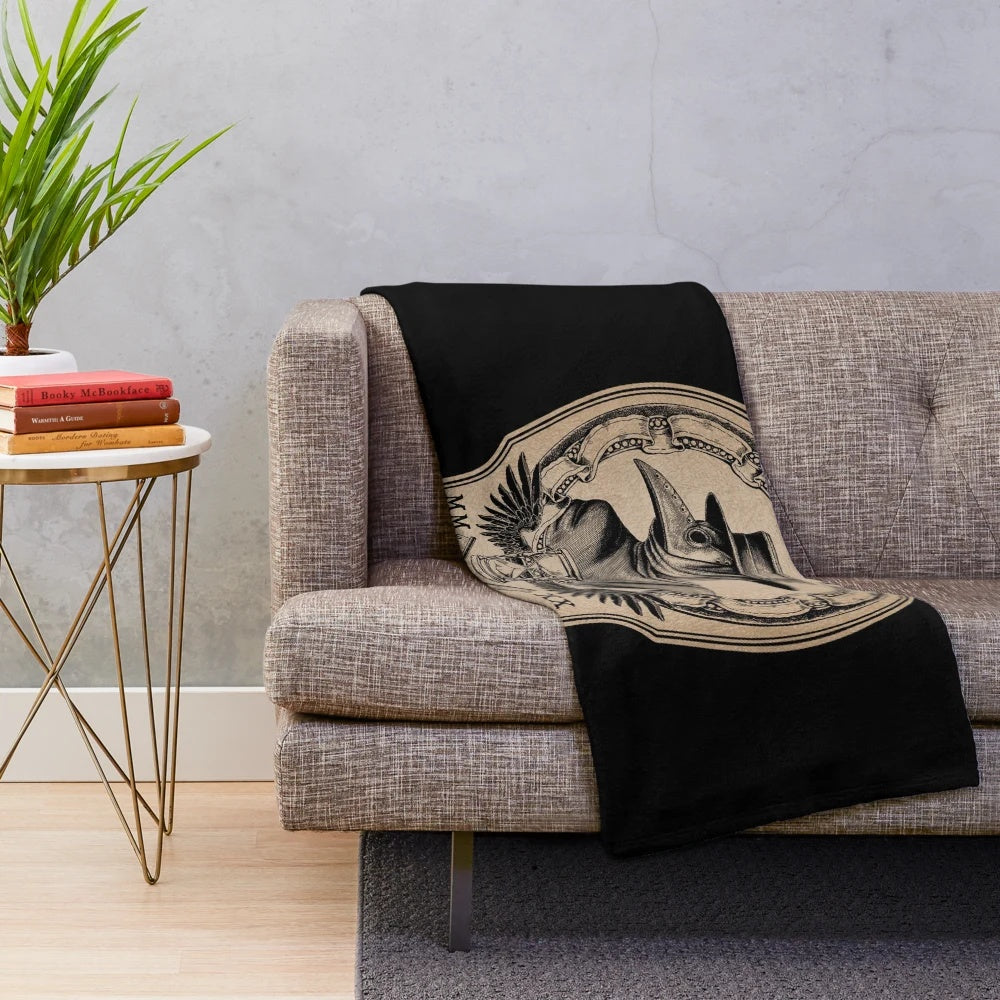 Vintage plague doctor plush blanket with winged hourglass and retro gothic design
