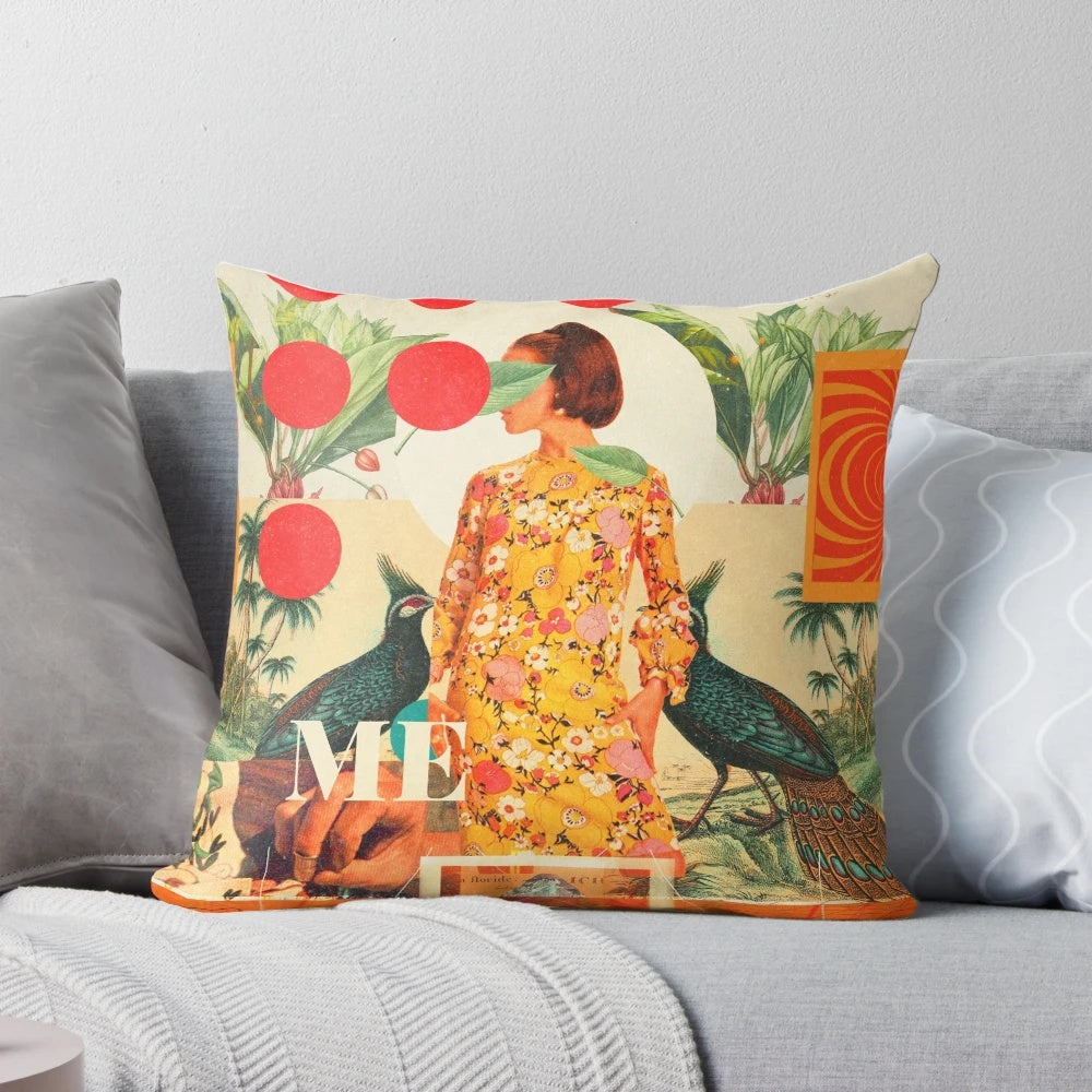 Vintage-inspired botanical collage pillow with retro birds and floral typography