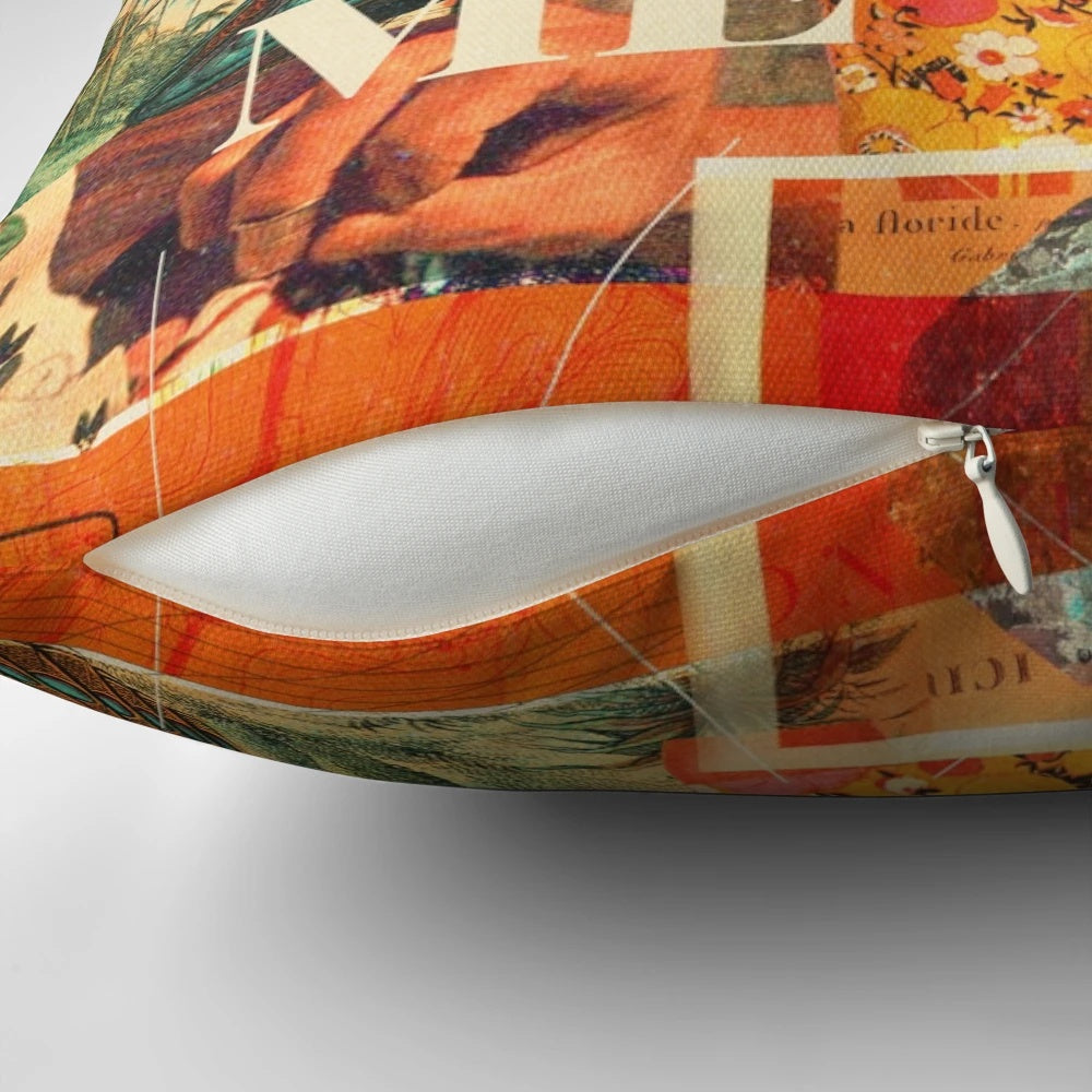 Vintage-inspired botanical collage pillow with retro birds and floral typography