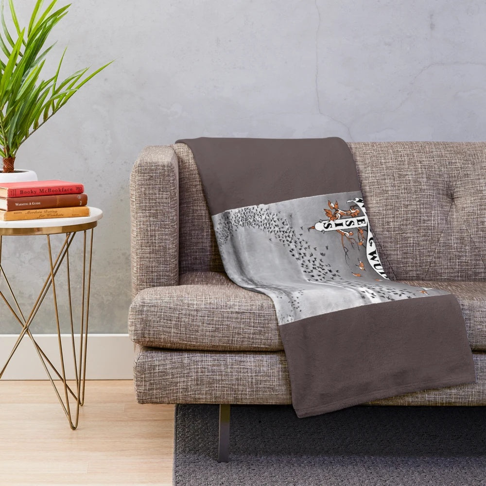 Plush blanket with vintage-inspired 70s progressive rock album cover design