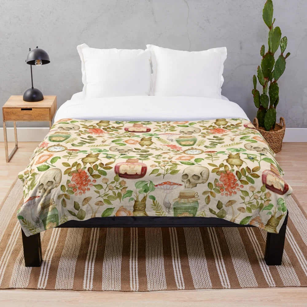 Vintage-inspired plush blanket featuring a floral and botanical design