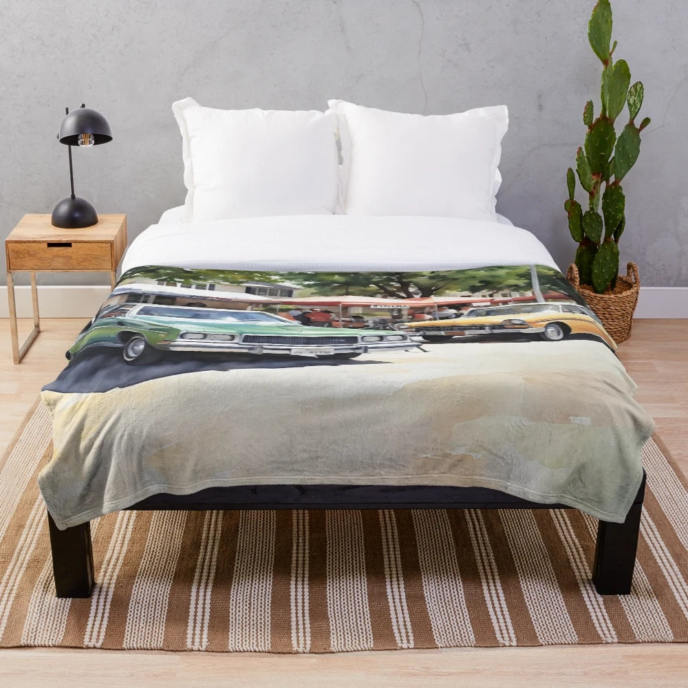 Vintage-inspired plush blanket featuring historic market design