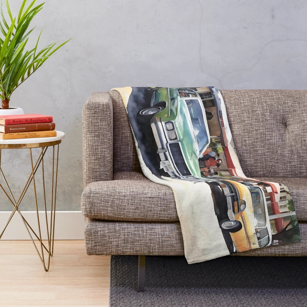 Vintage-inspired plush blanket featuring historic market design