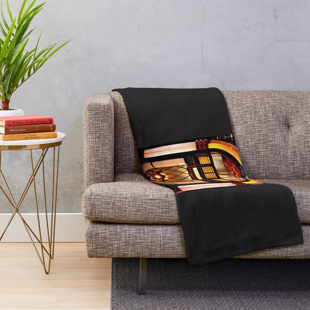Vintage-inspired plush blanket featuring a classic Wurlitzer jukebox and retro music playlist