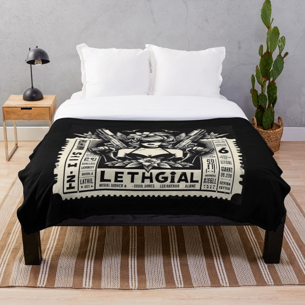 Vintage-inspired plush blanket featuring classic cinema ticket design