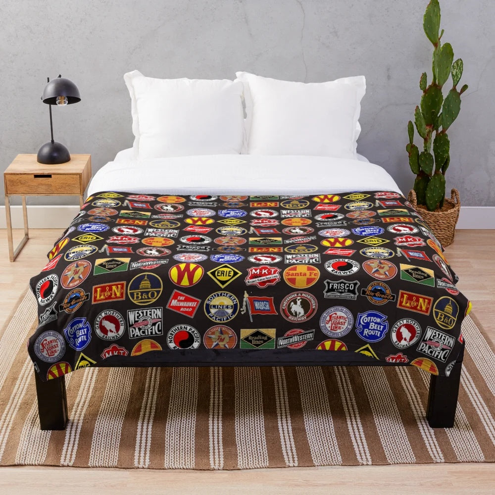 Vintage-inspired plush blanket featuring defunct railroad and railway logos