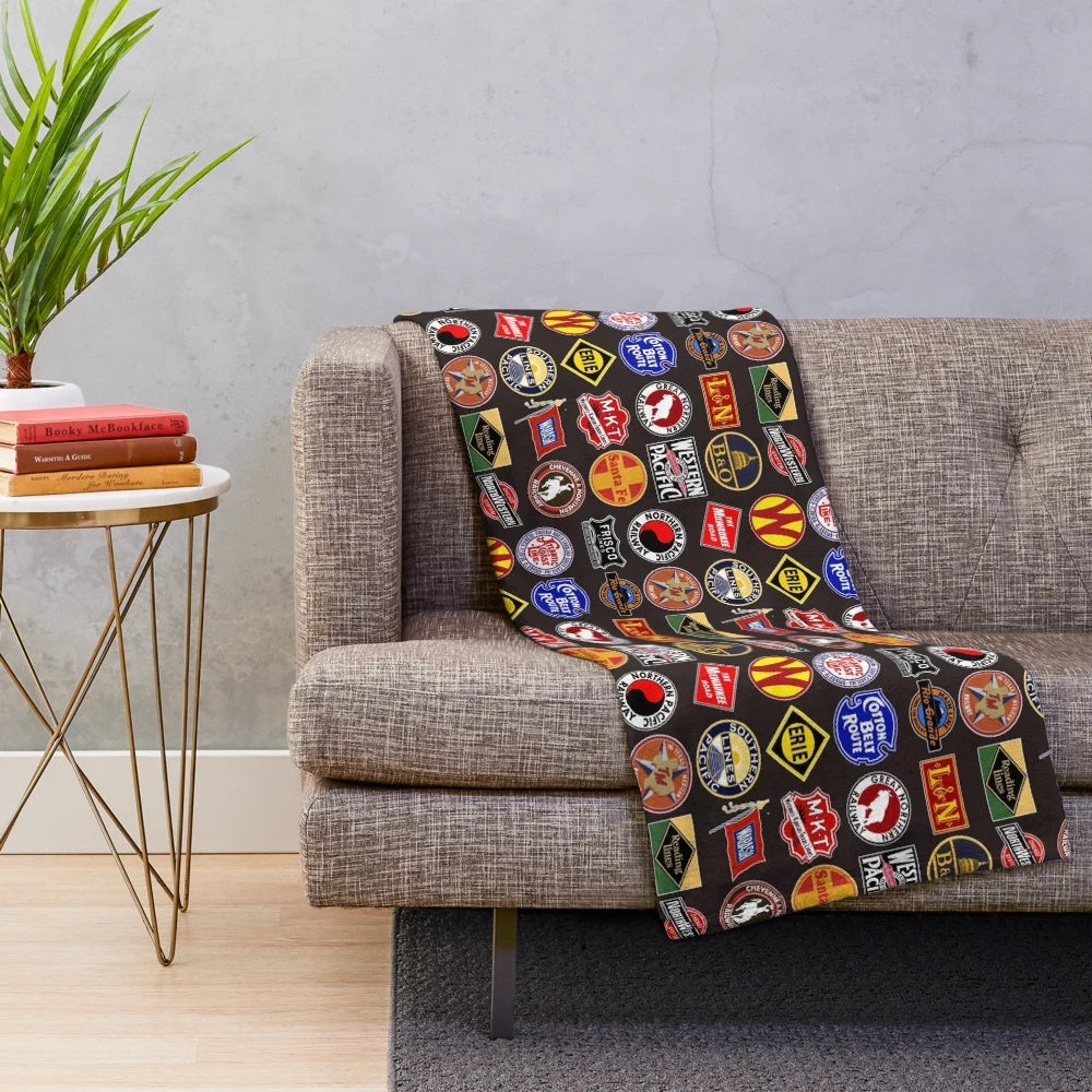 Vintage-inspired plush blanket featuring defunct railroad and railway logos