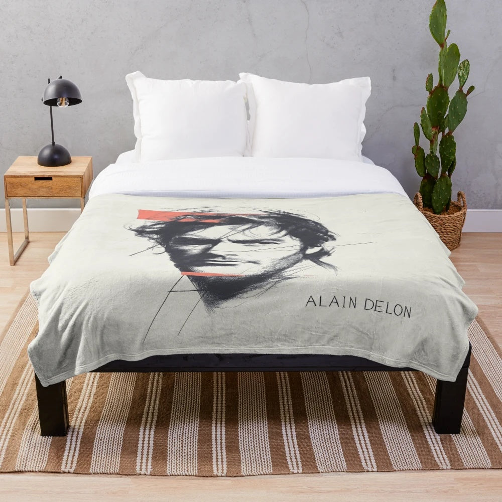 Vintage-inspired plush blanket featuring a dynamic black and white sketch of a French actor