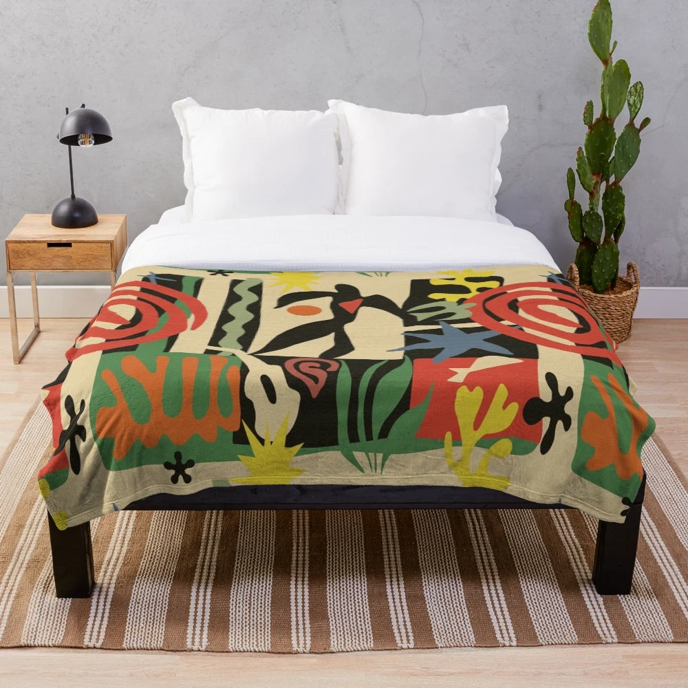 Vintage-inspired plush blanket with Matisse-inspired abstract design