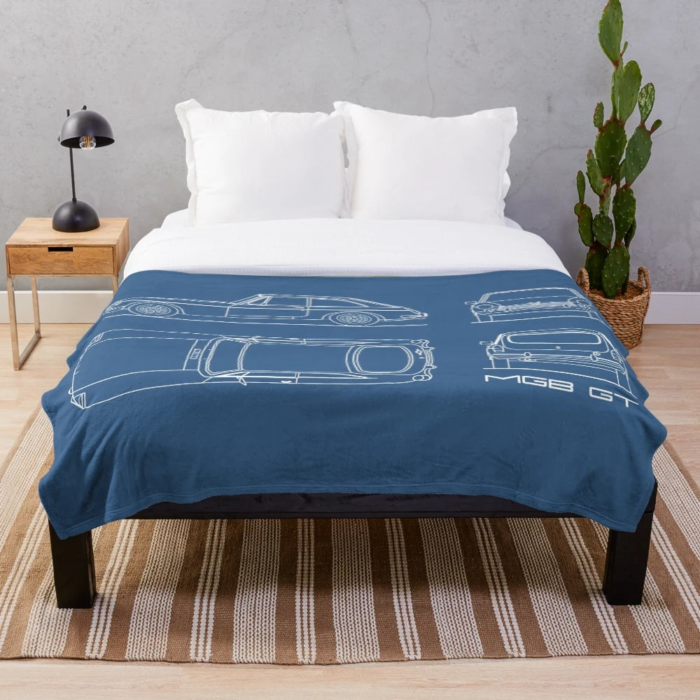 Plush blanket featuring a detailed blueprint design of the MGB GT sports car