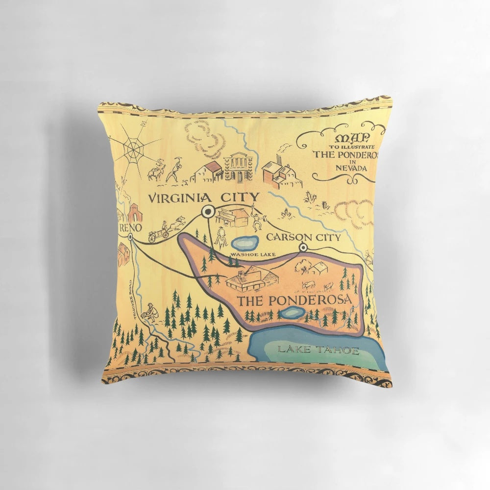 Vintage-style patterned throw pillow featuring a map of the Ponderosa ranch from the classic TV series Bonanza