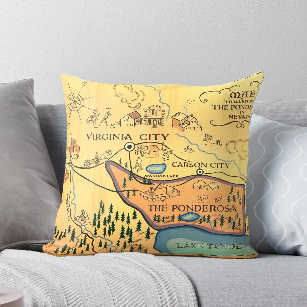 Vintage-style patterned throw pillow featuring a map of the Ponderosa ranch from the classic TV series Bonanza