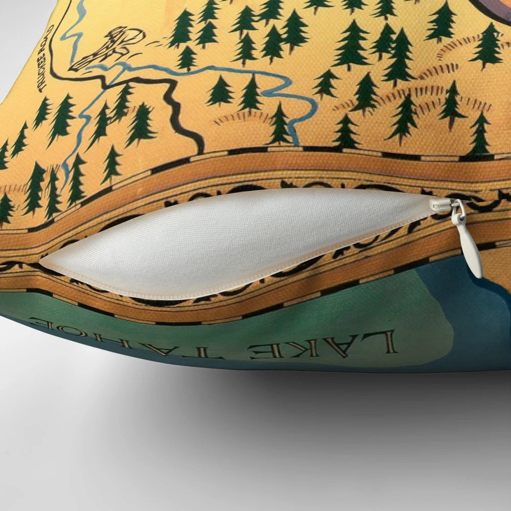 Vintage-style patterned throw pillow featuring a map of the Ponderosa ranch from the classic TV series Bonanza