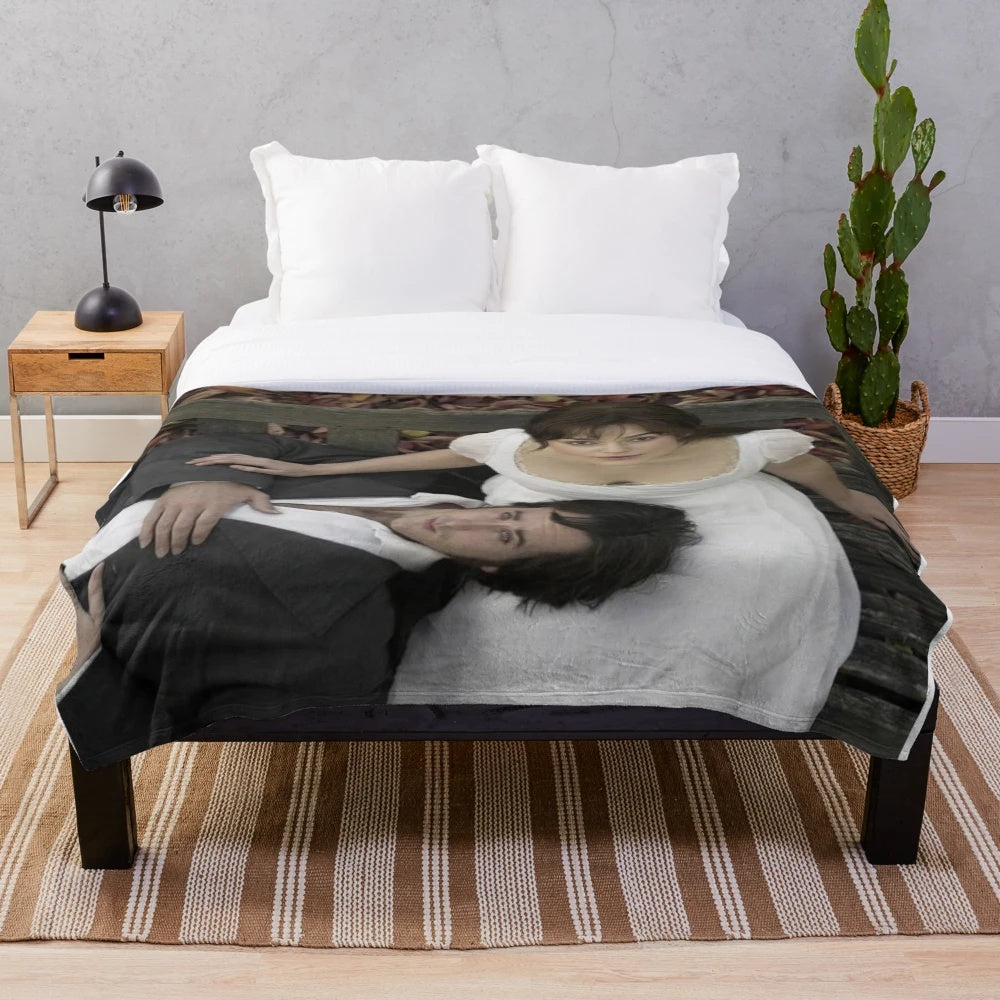 Cozy plush blanket featuring the iconic characters from the 2005 film adaptation of Pride and Prejudice