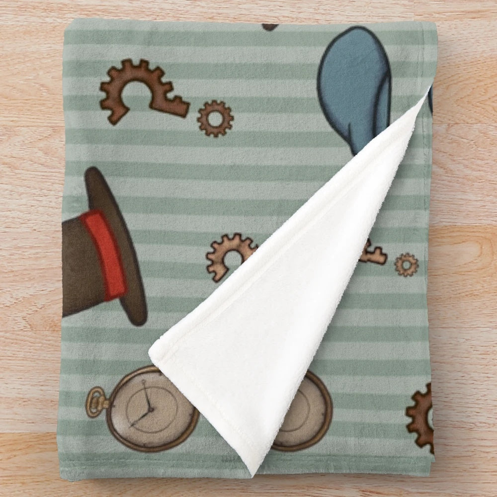 Cozy plush blanket featuring a repeated pattern inspired by the Professor Layton video game series