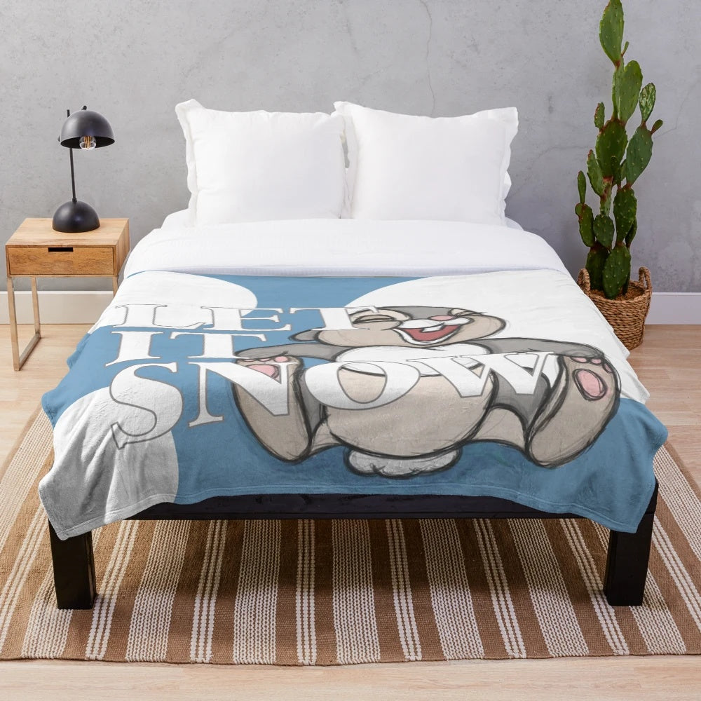 Vintage-style plush blanket featuring a rabbit design in a nature-inspired scene with blue and white dots
